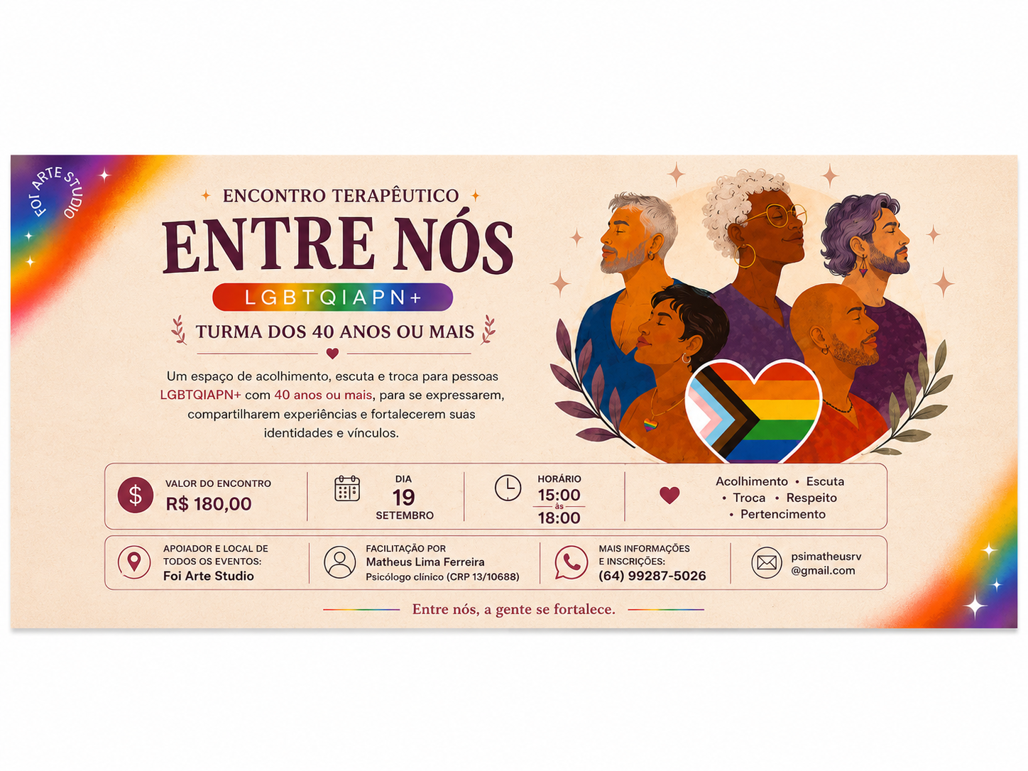 Banner do evento Encontro Terapêutico Entre Nós LGBTQIA+ 40 anos ou mais